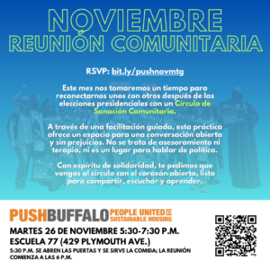 Este mes nos tomaremos un tiempo para reencontrarnos unos con otros después de las elecciones presidenciales con un Círculo de Sanación Comunitaria. A través de una facilitación guiada, esta práctica ofrece un espacio para una conversación abierta y sin prejuicios. No se trata de asesoramiento ni terapia, ni es un lugar para hablar de política. Con espíritu de solidaridad, te pedimos que vengas al círculo con el corazón abierto, listo para compartir, escuchar y aprender.