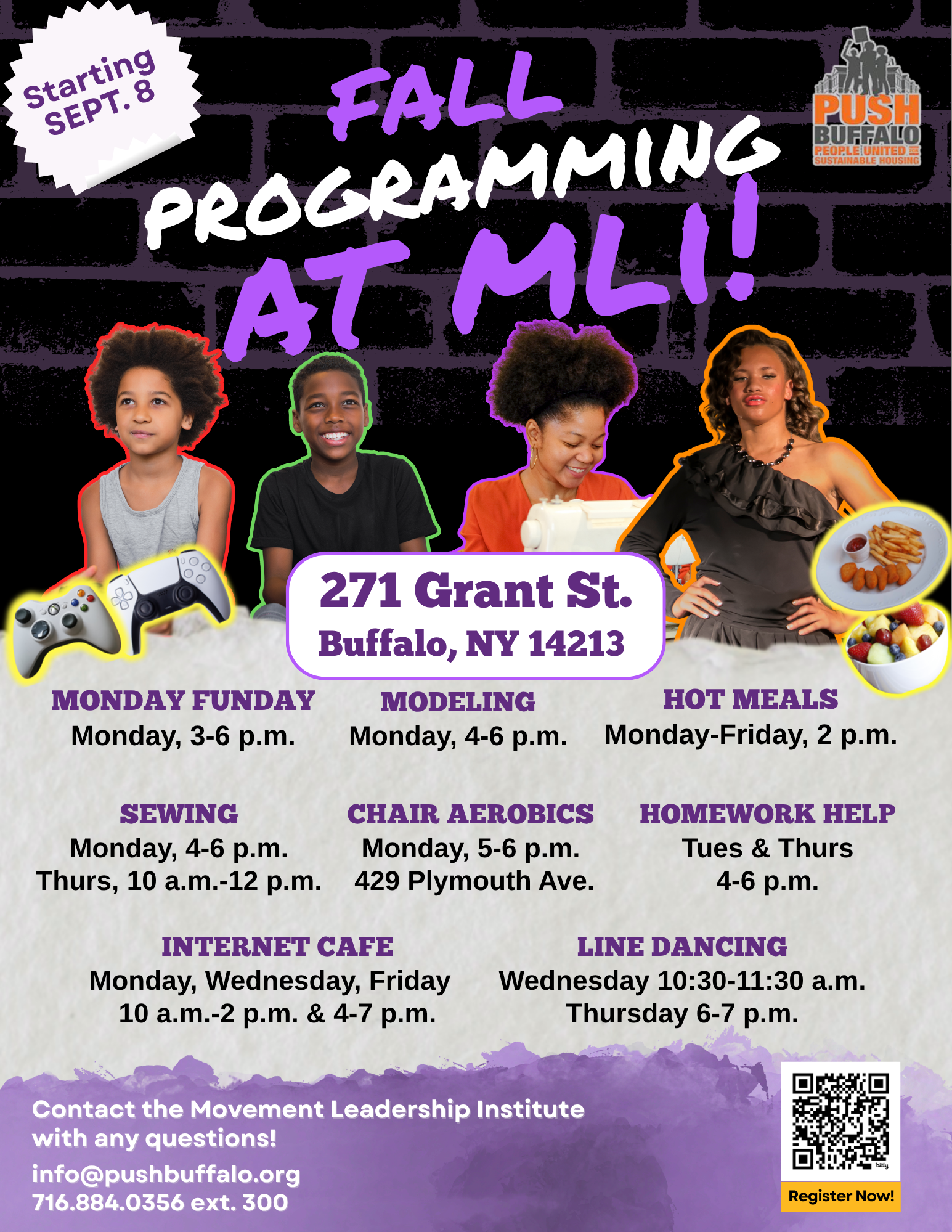Weekly activity schedule text description.Hot Meals are served Monday through Friday at 2 p.m.The Internet Cafe is open Monday, Wednesday, and Friday from 10 a.m. to 2 p.m. and again from 4 p.m. to 7 p.m.Monday activities include:Monday Funday from 3 p.m. to 6 p.m.Modeling from 4 p.m. to 6 p.m.Sewing from 4 p.m. to 6 p.m.Chair Aerobics from 5 p.m. to 6 p.m., held at School 77.Tuesday activities include:Homework Help from 4 p.m. to 6 p.m.Wednesday activities include:Line Dancing from 10:30 a.m. to 11:30 a.m.Thursday activities include:Sewing from 10 a.m. to 12 p.m.Homework Help from 4 p.m. to 6 p.m.Line Dancing from 6 p.m. to 7 p.m.